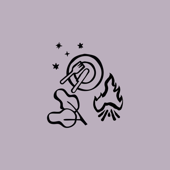 Ilustración de plato, fogata y estrellas